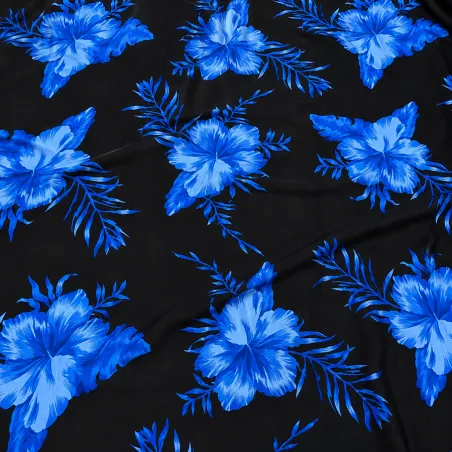 Tissu Hibiscus bleu marine sur Fond Noir – Motif Tropical