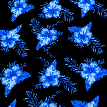 Tissu Hibiscus bleu marine sur Fond Noir – Motif Tropical