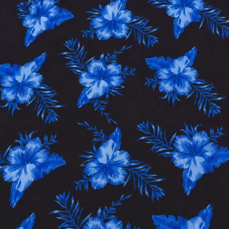 Tissu Hibiscus bleu marine sur Fond Noir – Motif Tropical