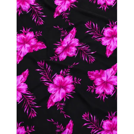Tissu Hibiscus Fuchsia sur Fond Noir – Motif Tropical