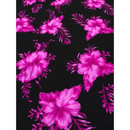 Tissu Hibiscus Fuchsia sur Fond Noir – Motif Tropical