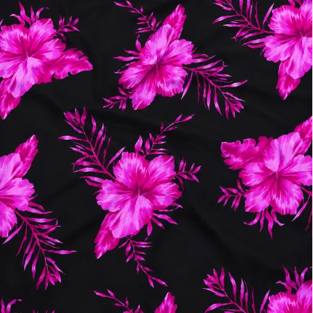 Tissu Hibiscus Fuchsia sur Fond Noir – Motif Tropical