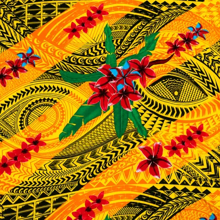 Tissu Polynésien Jaune Vif – Motif Tatouage et Frangipanier