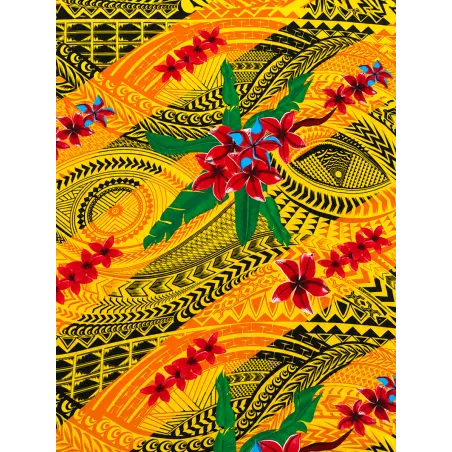Tissu Polynésien Jaune Vif – Motif Tatouage et Frangipanier