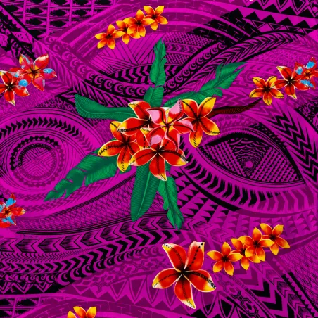Tissu Polynésien Violet – Motif Tatouage et Frangipanier