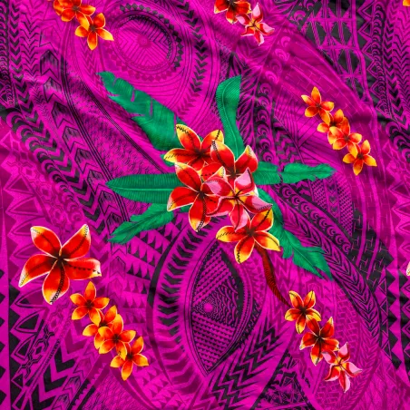 Tissu Polynésien Violet – Motif Tatouage et Frangipanier