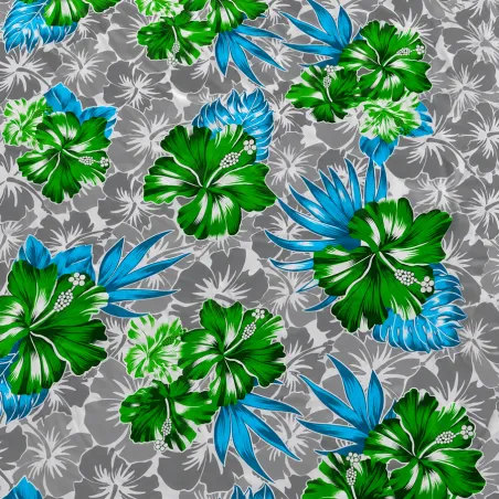 Tissu hibiscus vert gris blanc– Imprimé tropical