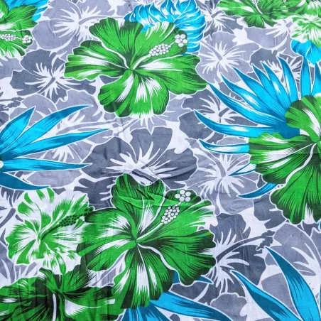 Tissu hibiscus vert gris blanc– Imprimé tropical