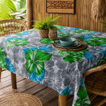 Tissu hibiscus vert gris blanc– Imprimé tropical