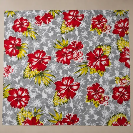 Tissu hibiscus rouge gris blanc– Imprimé tropical