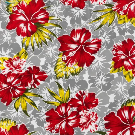 Tissu hibiscus rouge gris blanc– Imprimé tropical