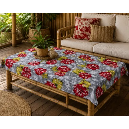 Tissu hibiscus rouge gris blanc– Imprimé tropical