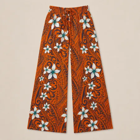 Pantalon ample en tissu polynésien orange fleuril