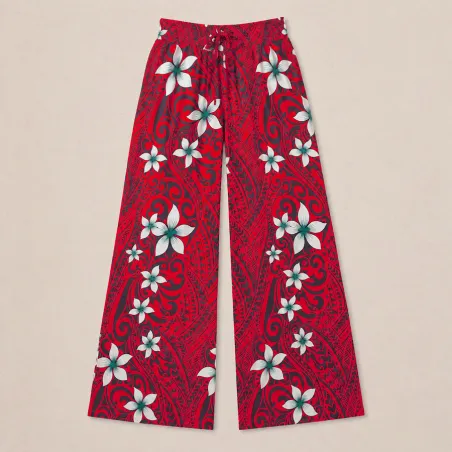 Pantalon ample en tissu polynésien rouge fleuril