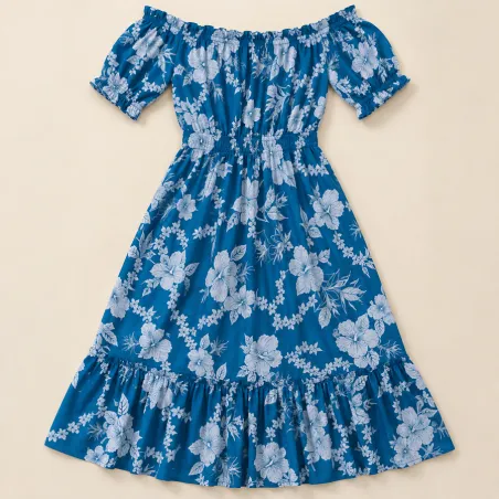 Tissu bleu canard hibiscus blanc – Tissu Polynésien