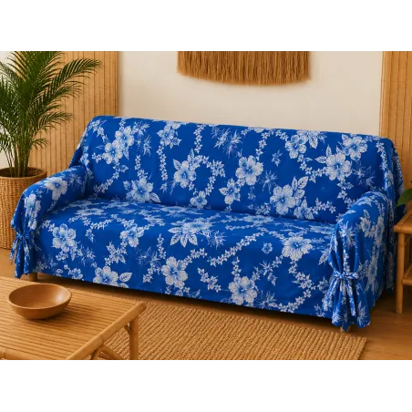 Tissu bleu marine  hibiscus blanc – Tissu Polynésien