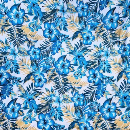 Tissu Polynésien Bleu Fleuri – Tissu Tropical