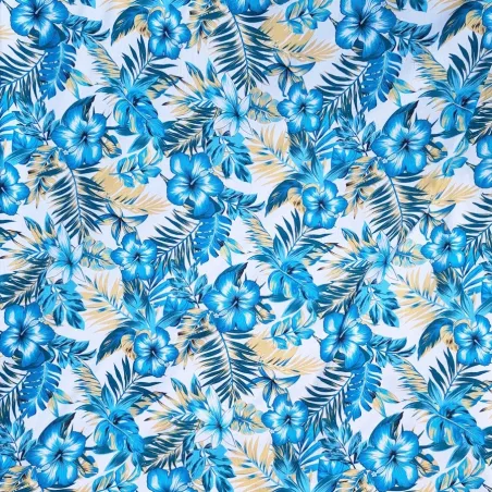 Tissu Polynésien Bleu Fleuri – Tissu Tropical