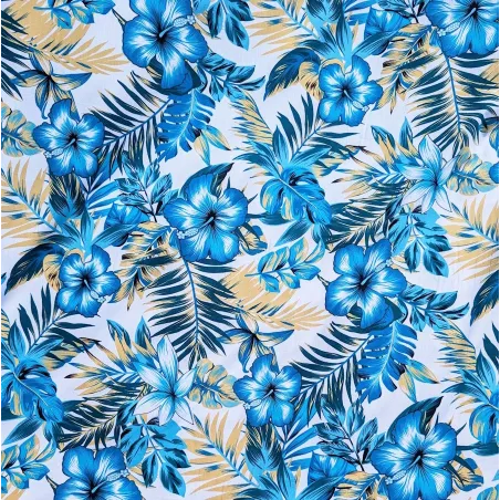 Tissu Polynésien Bleu Fleuri – Tissu Tropical