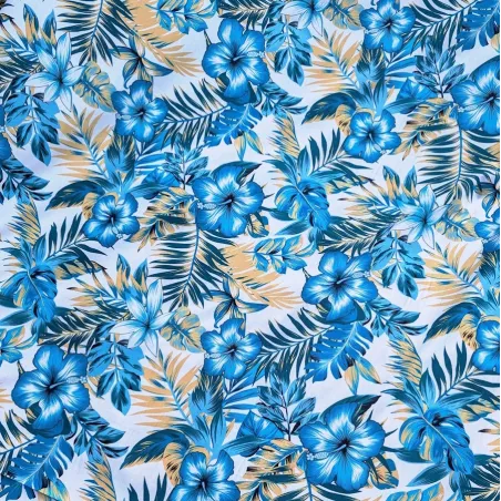 Tissu Polynésien Bleu Fleuri – Tissu Tropical