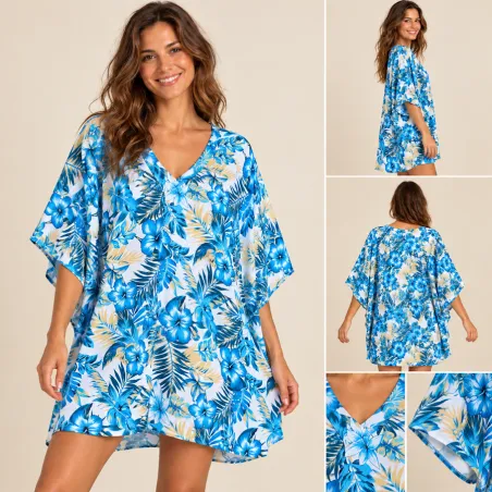Tissu Polynésien Bleu Fleuri – Tissu Tropical
