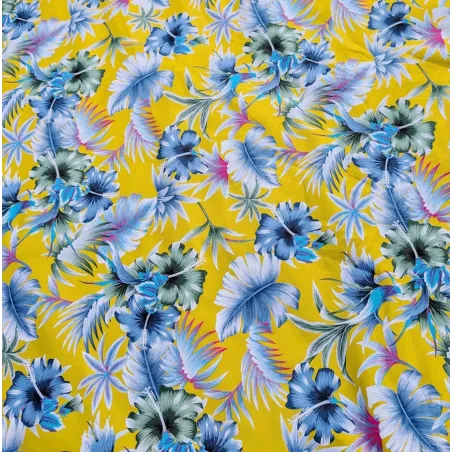 Tissu Polynésien jaune Fleuri – Tissu Tropical