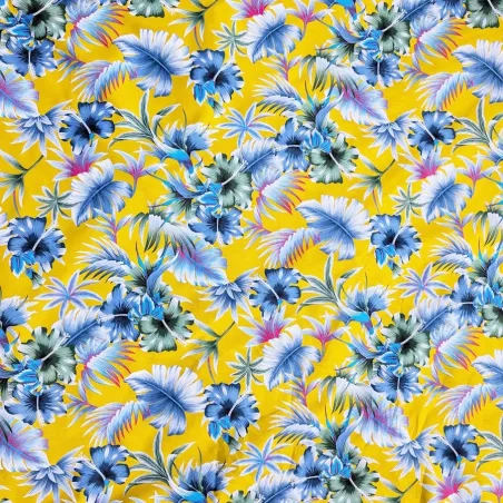 Tissu Polynésien jaune Fleuri – Tissu Tropical