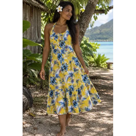Tissu Polynésien jaune Fleuri – Tissu Tropical
