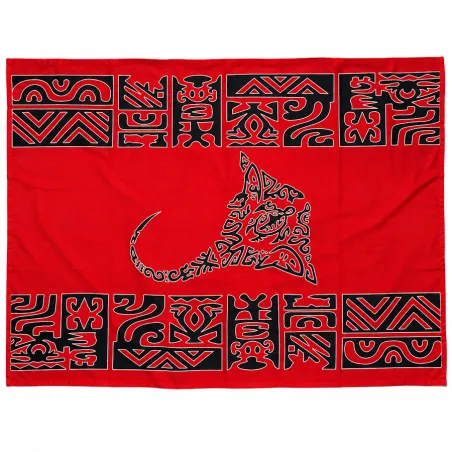 Paréo polynésien rouge à motifs tatouage et raie manta