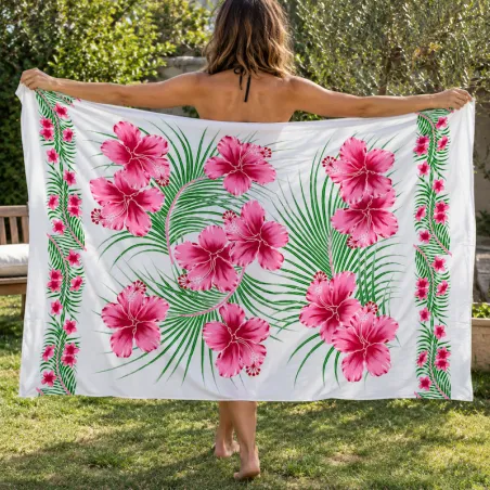 Paréo polynésien blanc à fleurs d’hibiscus roses