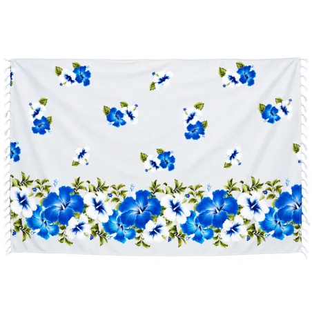 Paréo polynésien blanc à fleurs d’hibiscus bleues – 165 × 110 cm