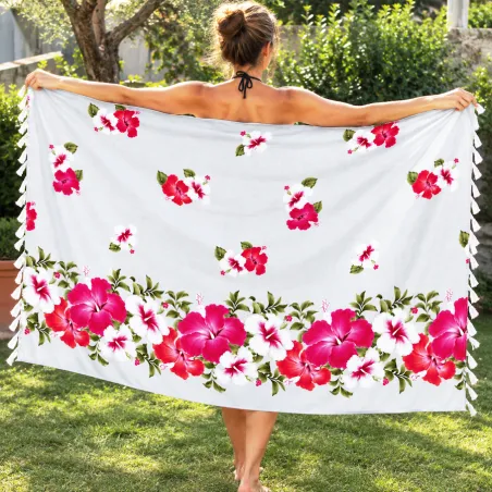 Paréo polynésien blanc à fleurs roses et blanches – 165 × 110 cm