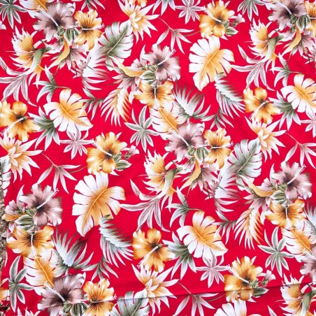 Tissu Polynésien rouge Fleuri – Tissu Tropical
