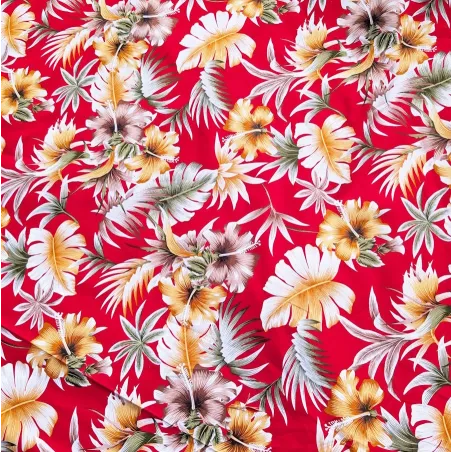 Tissu Polynésien rouge Fleuri – Tissu Tropical