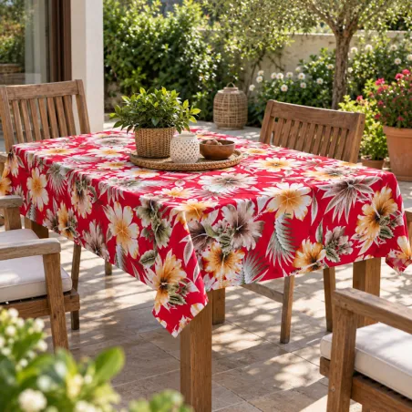 Tissu Polynésien rouge Fleuri – Tissu Tropical