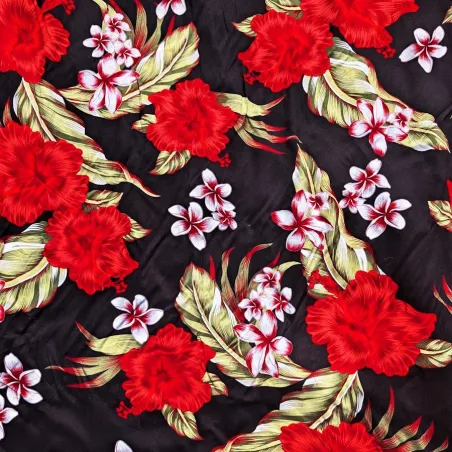 Tissu polynésien noir à fleurs rouges et blanches – largeur 110 cm