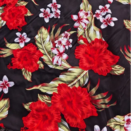 Tissu polynésien noir à fleurs rouges et blanches – largeur 110 cm