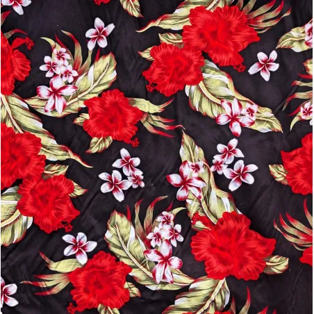 Tissu polynésien noir à fleurs rouges et blanches – largeur 110 cm