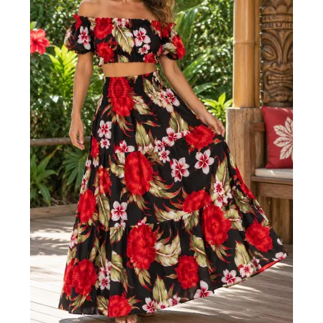 Tissu polynésien noir à fleurs rouges et blanches – largeur 110 cm