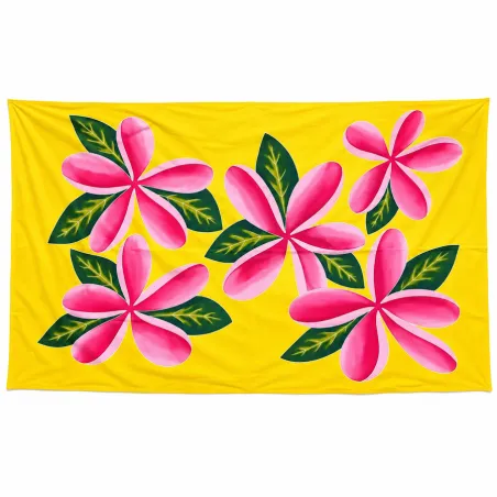 Paréo polynésien jaune à fleurs roses – 195 × 110 cm
