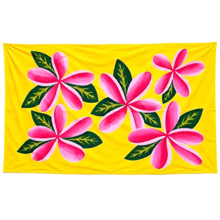 Paréo polynésien jaune à fleurs roses – 195 × 110 cm