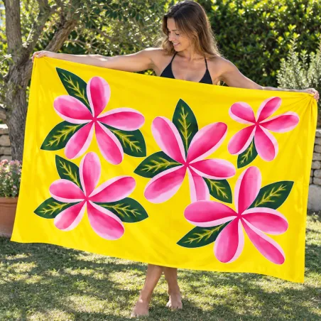 Paréo polynésien jaune à fleurs roses – 195 × 110 cm