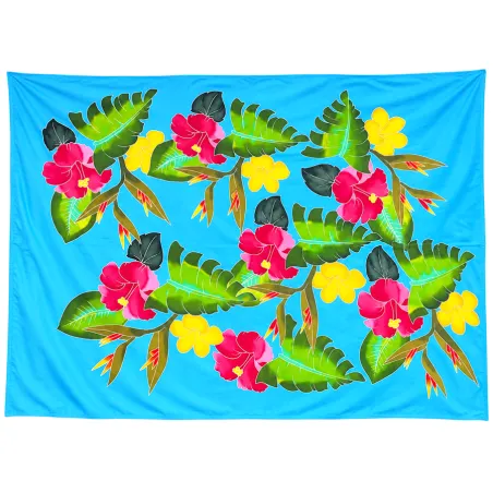 Paréo polynésien bleu turquoise à fleurs tropicales – 195 × 110 cm
