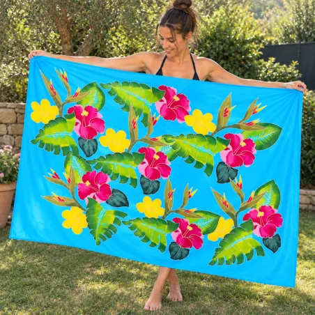 Paréo polynésien bleu turquoise à fleurs tropicales – 195 × 110 cm