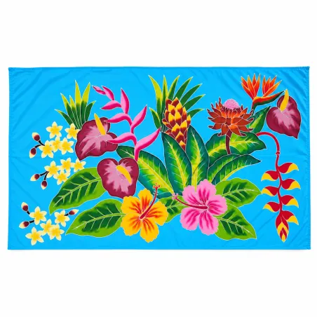 Paréo polynésien bleu turquoise à fleurs multicolores – 195 × 110 cm