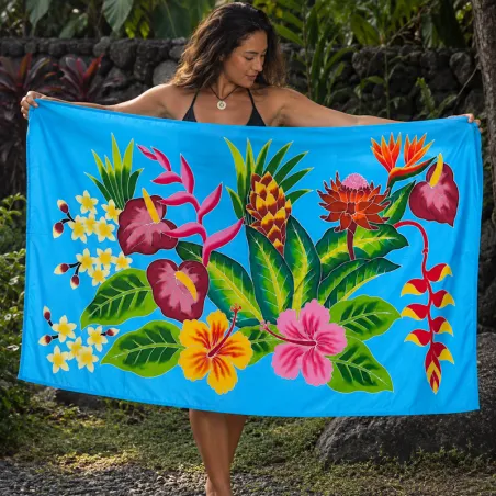 Paréo polynésien bleu turquoise à fleurs multicolores – 195 × 110 cm
