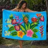Paréo polynésien bleu turquoise à fleurs multicolores – 195 × 110 cm
