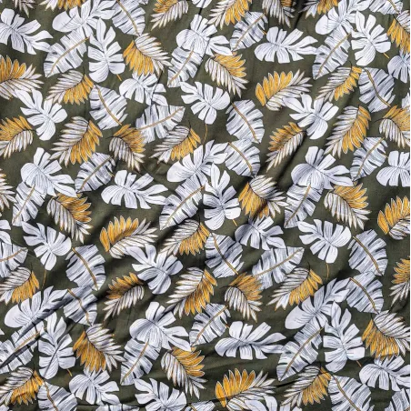 Tissu tropical gris-vert, blanc et jaune moutarde