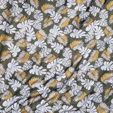 Tissu tropical gris-vert, blanc et jaune moutarde