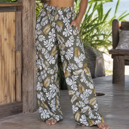 Tissu tropical gris-vert, blanc et jaune moutarde